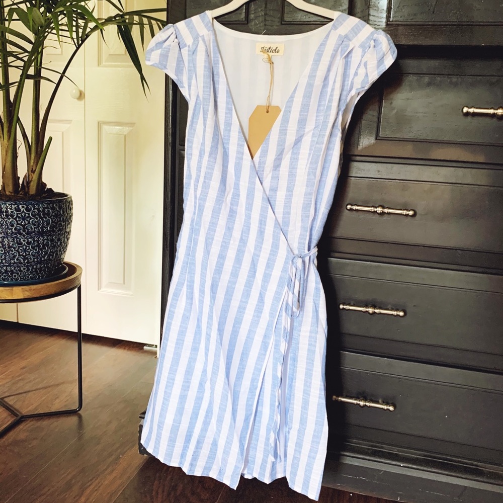 Striped Cap Sleeve Wrap Dress